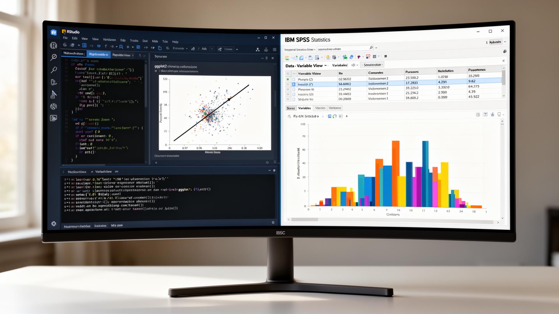 Wide curved monitor displaying RStudio with a ggplot2 regression scatter plot on the left and IBM SPSS Statistics with a data variable view and a coloured bar chart on the right
