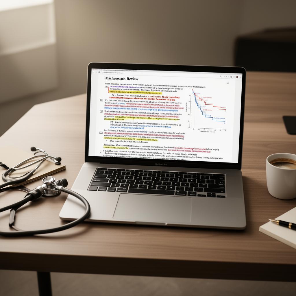 Laptop on an editor's desk displaying an annotated medical manuscript with tracked changes and a Kaplan-Meier survival curve, beside a stethoscope and fountain pen