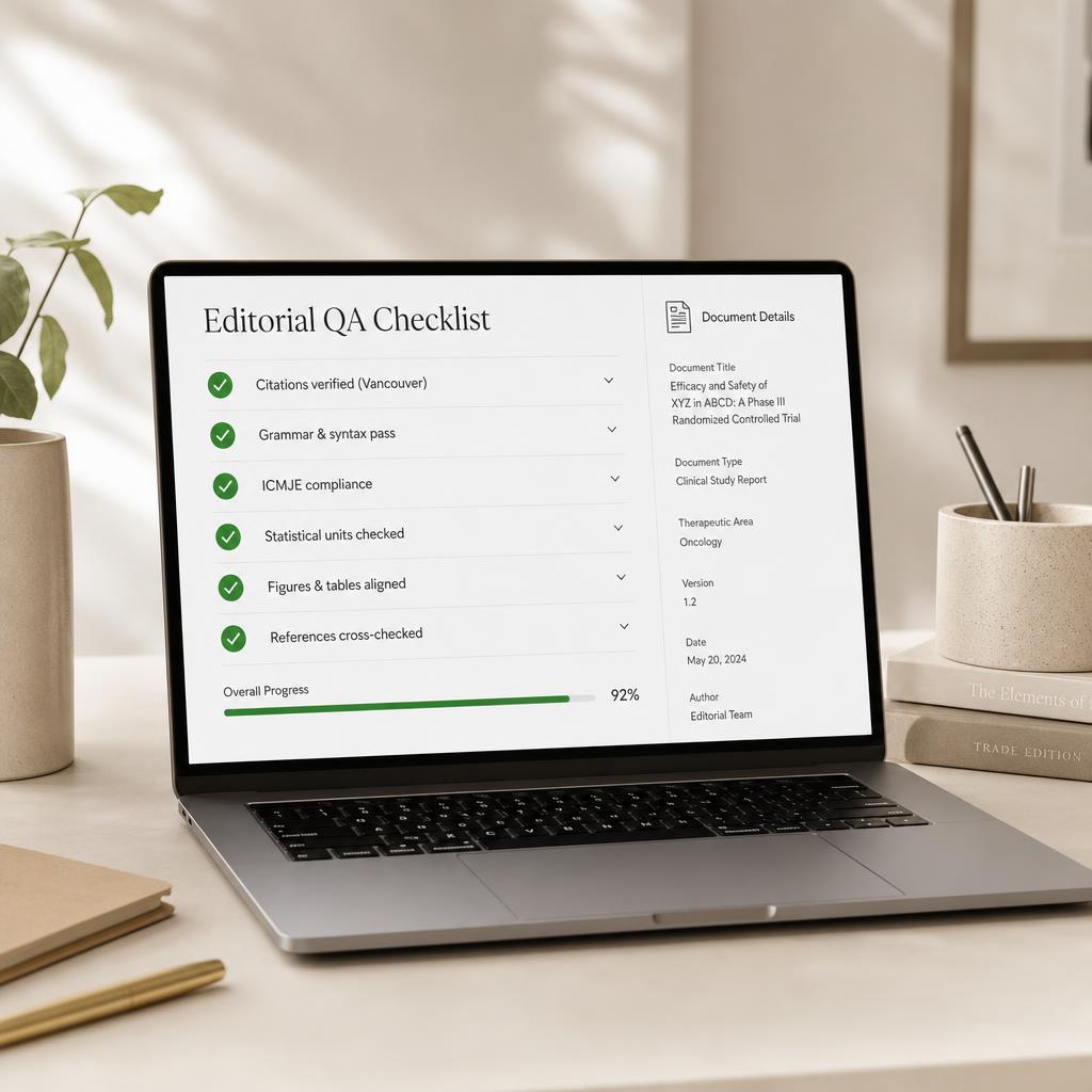A laptop on a minimalist desk displaying Evistruct's editorial QA checklist with citations, grammar, ICMJE compliance and statistical checks marked complete.